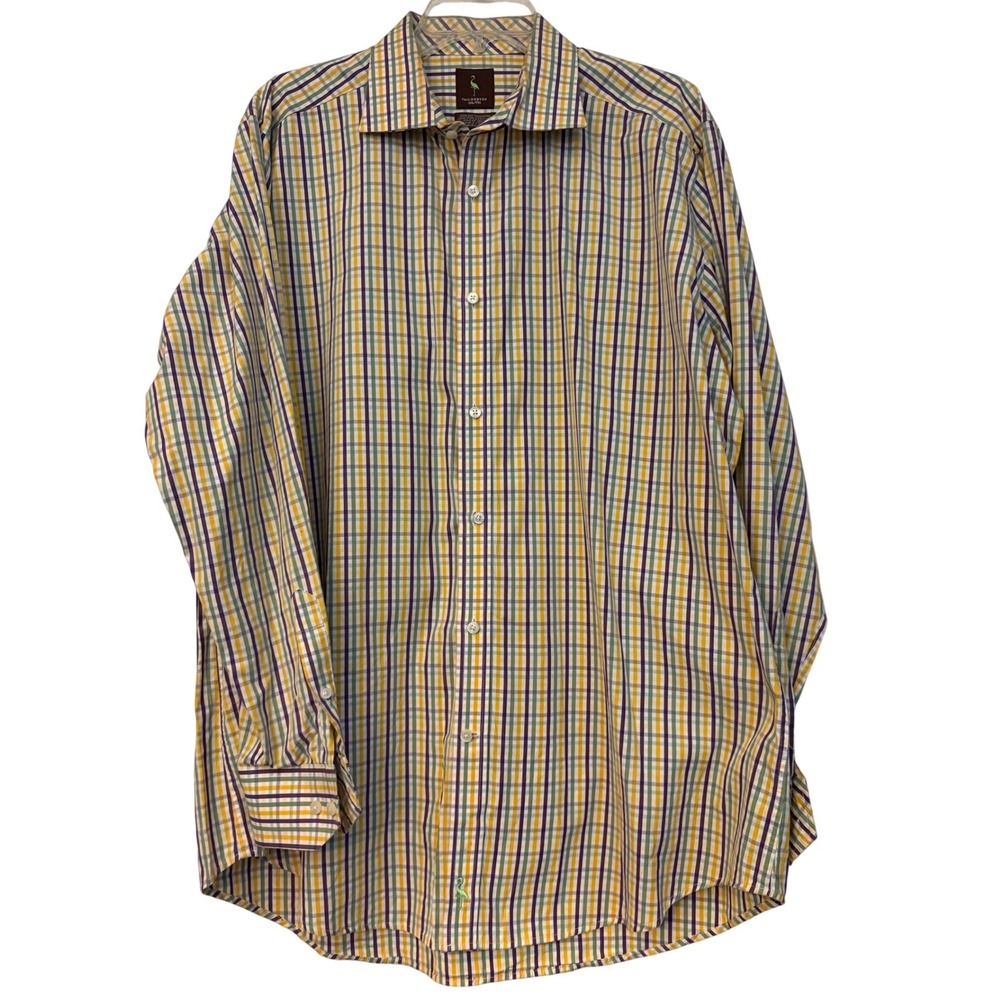 TailorByrd Mens 2XL Plaid Button Down Shirt Purple Yellow Green 100% Cotton
